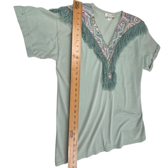 Vintage Eclectic Western Bohemian Aztec Sage Green Top with Fringe size Medium - Picture 4 of 7